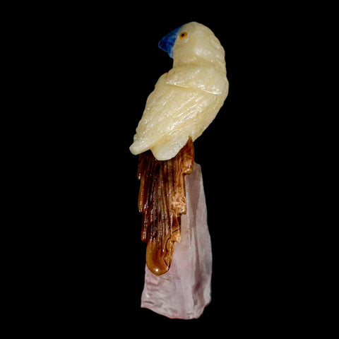 3.3" Hand Carved Bird Perched on Rose Quartz Crystal Parrot Yellow, Brown Calcite Peru - Fossil Age Minerals