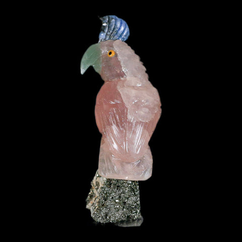 3.3" Hand Carved Bird Perched on Pyrite Parrot Rose Quartz Green Calcite Peru - Fossil Age Minerals