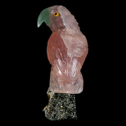 3.3" Hand Carved Bird Perched on Pyrite Parrot Rose Quartz Green Calcite Peru - Fossil Age Minerals