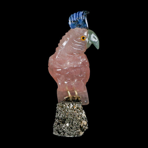 3.3" Hand Carved Bird Perched on Pyrite Parrot Rose Quartz Green Calcite Peru - Fossil Age Minerals