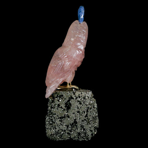 3.3" Hand Carved Bird Perched on Pyrite Parrot Rose Quartz Green Calcite Peru - Fossil Age Minerals