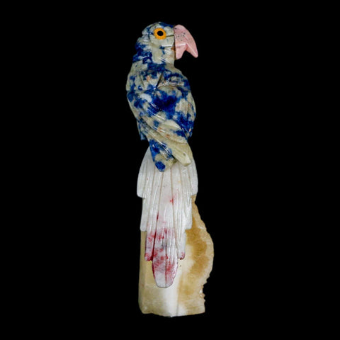 3.8" Hand Carved Bird Perched on Yellow Calcite Parrot Sodalite, Rhodochrosite Peru - Fossil Age Minerals