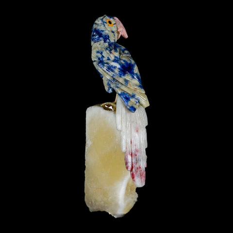 3.8" Hand Carved Bird Perched on Yellow Calcite Parrot Sodalite, Rhodochrosite Peru - Fossil Age Minerals