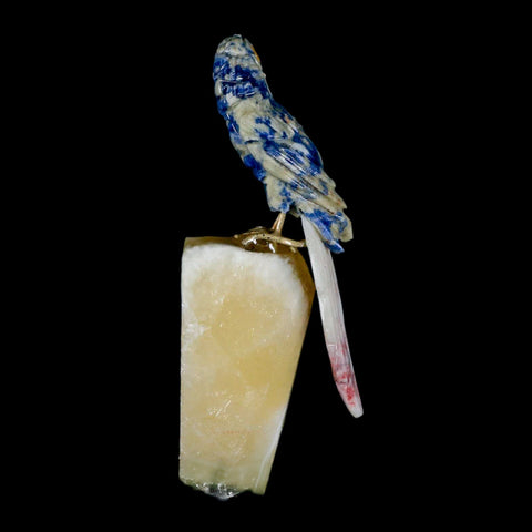 3.8" Hand Carved Bird Perched on Yellow Calcite Parrot Sodalite, Rhodochrosite Peru - Fossil Age Minerals