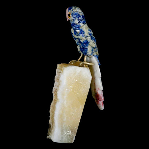 3.8" Hand Carved Bird Perched on Yellow Calcite Parrot Sodalite, Rhodochrosite Peru - Fossil Age Minerals