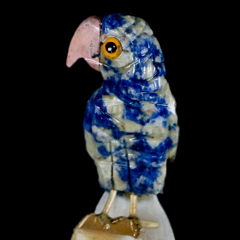 3.8" Hand Carved Bird Perched on Yellow Calcite Parrot Sodalite, Rhodochrosite Peru - Fossil Age Minerals