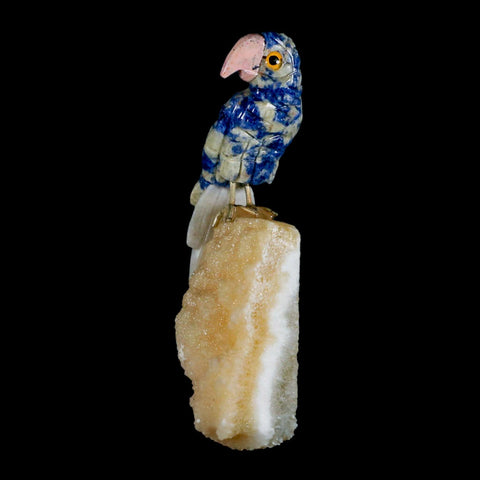 3.8" Hand Carved Bird Perched on Yellow Calcite Parrot Sodalite, Rhodochrosite Peru - Fossil Age Minerals