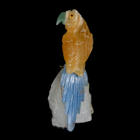 3.9" Hand Carved Bird Perched on Quartz Crystal Parrot Yellow, Blue Calcite Peru - Fossil Age Minerals