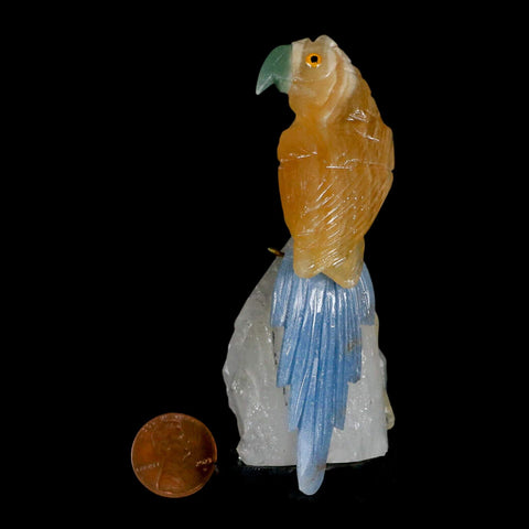 3.9" Hand Carved Bird Perched on Quartz Crystal Parrot Yellow, Blue Calcite Peru - Fossil Age Minerals