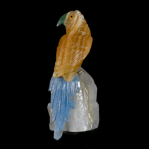 3.9" Hand Carved Bird Perched on Quartz Crystal Parrot Yellow, Blue Calcite Peru - Fossil Age Minerals