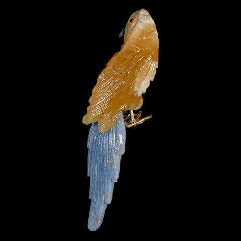 3.9" Hand Carved Bird Perched on Quartz Crystal Parrot Yellow, Blue Calcite Peru - Fossil Age Minerals