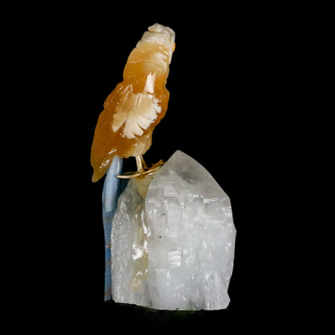 3.9" Hand Carved Bird Perched on Quartz Crystal Parrot Yellow, Blue Calcite Peru - Fossil Age Minerals