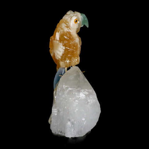 3.9" Hand Carved Bird Perched on Quartz Crystal Parrot Yellow, Blue Calcite Peru - Fossil Age Minerals