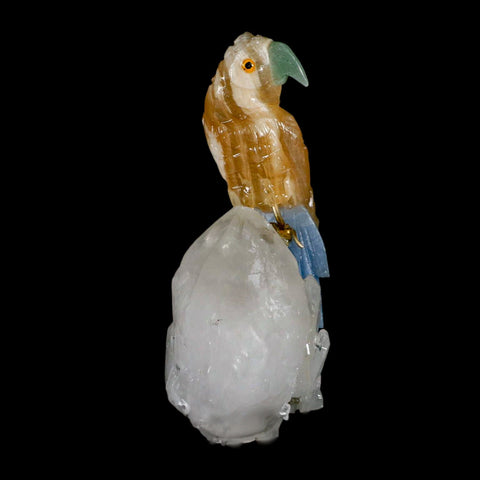 3.9" Hand Carved Bird Perched on Quartz Crystal Parrot Yellow, Blue Calcite Peru - Fossil Age Minerals