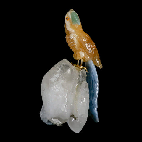 3.9" Hand Carved Bird Perched on Quartz Crystal Parrot Yellow, Blue Calcite Peru - Fossil Age Minerals
