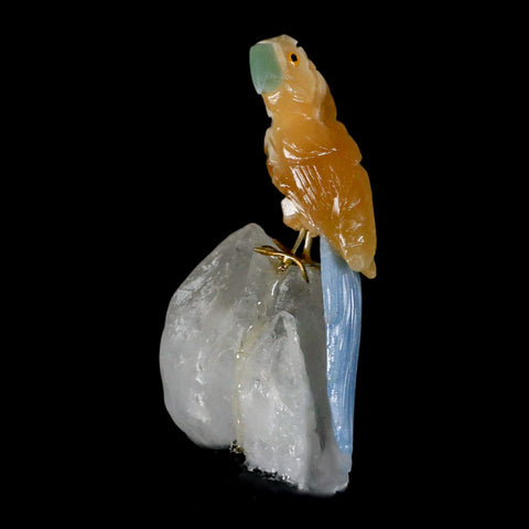 3.9" Hand Carved Bird Perched on Quartz Crystal Parrot Yellow, Blue Calcite Peru - Fossil Age Minerals
