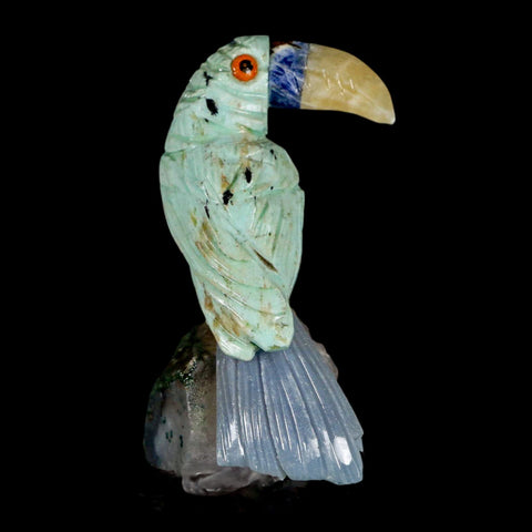 2.7" Hand Carved Bird Perched on Quartz Crystal Toucan Green, Blue Calcite Peru - Fossil Age Minerals
