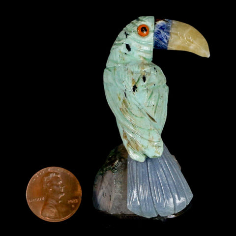 2.7" Hand Carved Bird Perched on Quartz Crystal Toucan Green, Blue Calcite Peru - Fossil Age Minerals