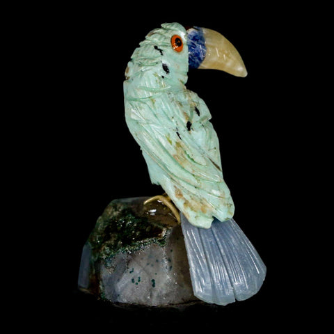 2.7" Hand Carved Bird Perched on Quartz Crystal Toucan Green, Blue Calcite Peru - Fossil Age Minerals
