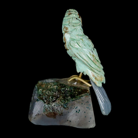 2.7" Hand Carved Bird Perched on Quartz Crystal Toucan Green, Blue Calcite Peru - Fossil Age Minerals