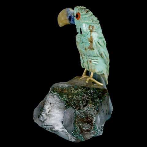 2.7" Hand Carved Bird Perched on Quartz Crystal Toucan Green, Blue Calcite Peru - Fossil Age Minerals