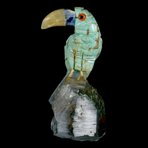 2.7" Hand Carved Bird Perched on Quartz Crystal Toucan Green, Blue Calcite Peru - Fossil Age Minerals