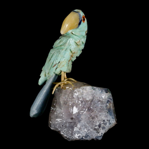 2.7" Hand Carved Bird Perched on Quartz Crystal Toucan Green, Blue Calcite Peru - Fossil Age Minerals