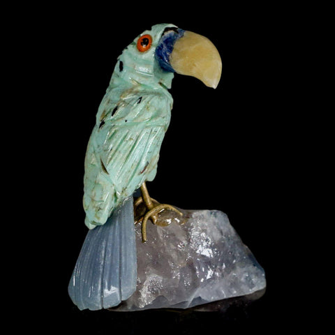 2.7" Hand Carved Bird Perched on Quartz Crystal Toucan Green, Blue Calcite Peru - Fossil Age Minerals