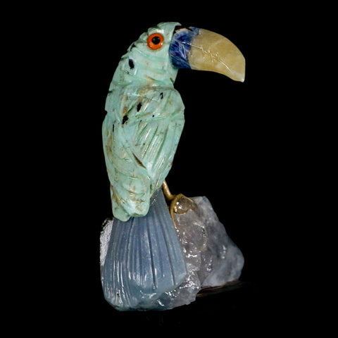 2.7" Hand Carved Bird Perched on Quartz Crystal Toucan Green, Blue Calcite Peru - Fossil Age Minerals