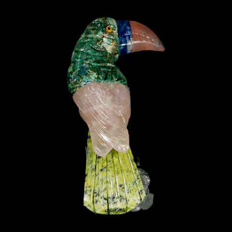 3.1" Hand Carved Bird Perched on Quartz Crystal Toucan Pink Calcite, Serpentine Peru