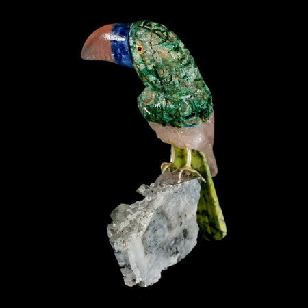 3.1" Hand Carved Bird Perched on Quartz Crystal Toucan Pink Calcite, Serpentine Peru