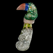3.1" Hand Carved Bird Perched on Quartz Crystal Toucan Pink Calcite, Serpentine Peru