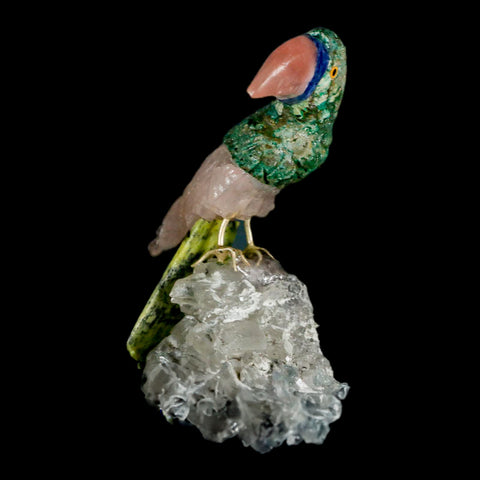 3.1" Hand Carved Bird Perched on Quartz Crystal Toucan Pink Calcite, Serpentine Peru