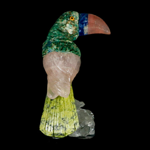 3.1" Hand Carved Bird Perched on Quartz Crystal Toucan Pink Calcite, Serpentine Peru