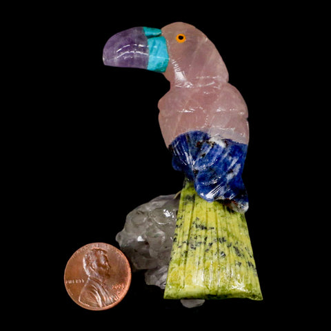 3.1" Hand Carved Bird Perched on Quartz Crystal Toucan Pink Calcite, Serpentine Peru