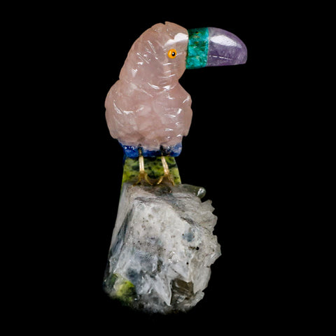 3.1" Hand Carved Bird Perched on Quartz Crystal Toucan Pink Calcite, Serpentine Peru