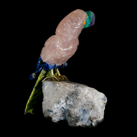 3.1" Hand Carved Bird Perched on Quartz Crystal Toucan Pink Calcite, Serpentine Peru
