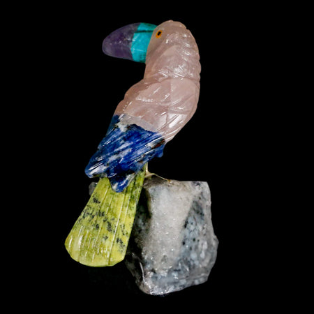3.1" Hand Carved Bird Perched on Quartz Crystal Toucan Pink Calcite, Serpentine Peru