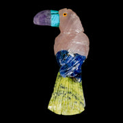 3.1" Hand Carved Bird Perched on Quartz Crystal Toucan Pink Calcite, Serpentine Peru