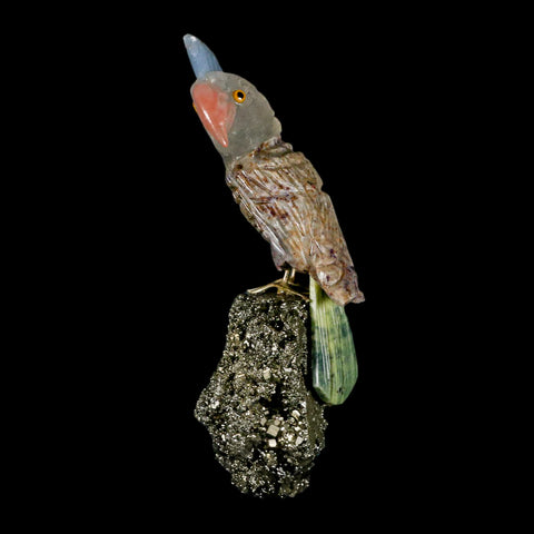 3.7" Hand Carved Bird Perched on Pyrite Parrot Brown Blue Calcite, Serpentine Peru