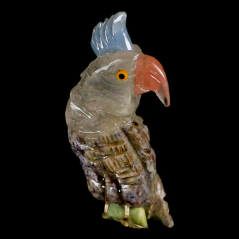 3.7" Hand Carved Bird Perched on Pyrite Parrot Brown Blue Calcite, Serpentine Peru