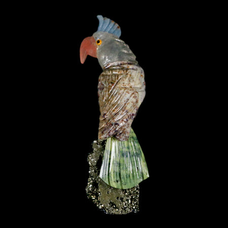3.7" Hand Carved Bird Perched on Pyrite Parrot Brown Blue Calcite, Serpentine Peru