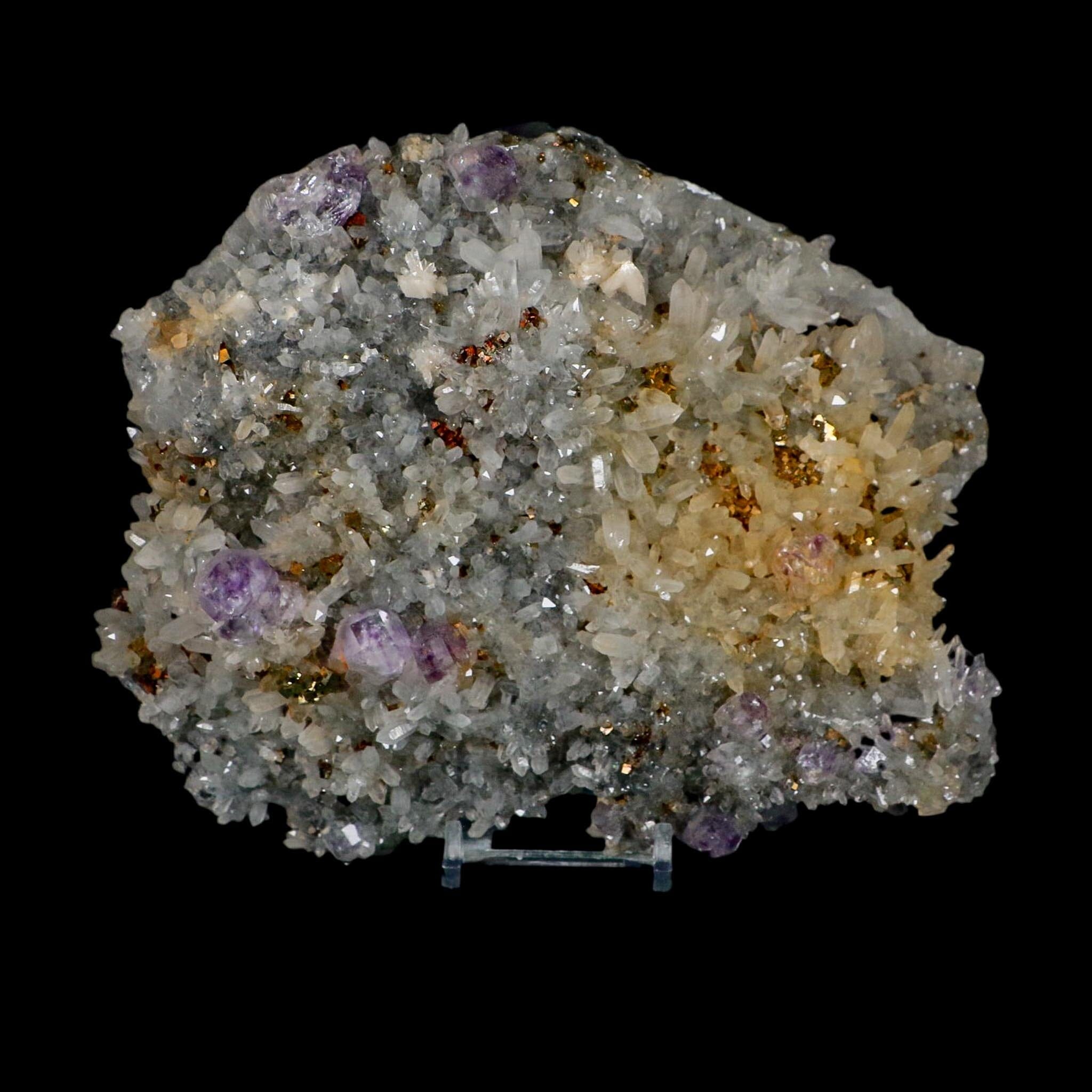 7" Crystal Quartz, Purple Amethyst And Pyrite Crystal Cluster Mineral Specimen Stand