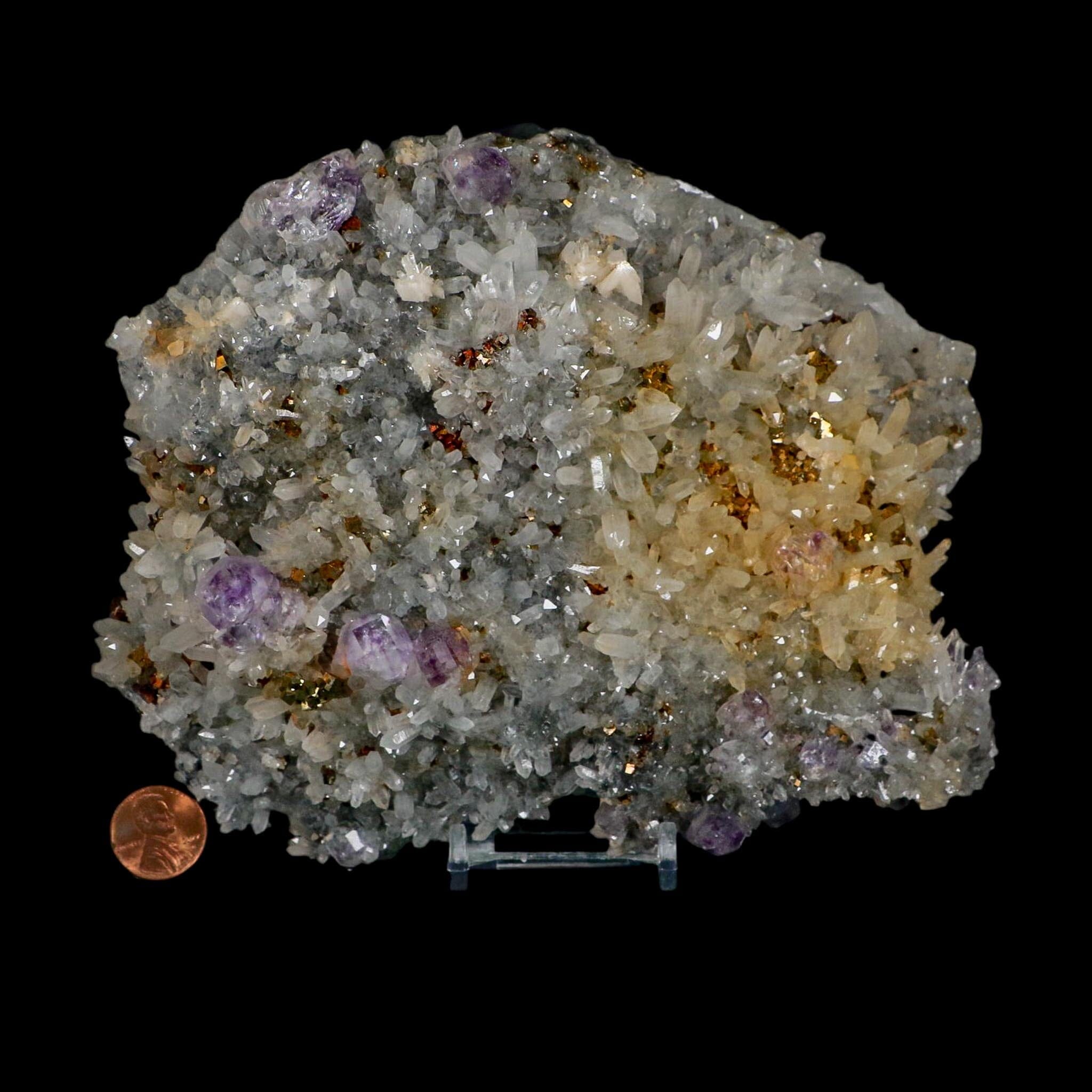 7" Crystal Quartz, Purple Amethyst And Pyrite Crystal Cluster Mineral Specimen Stand