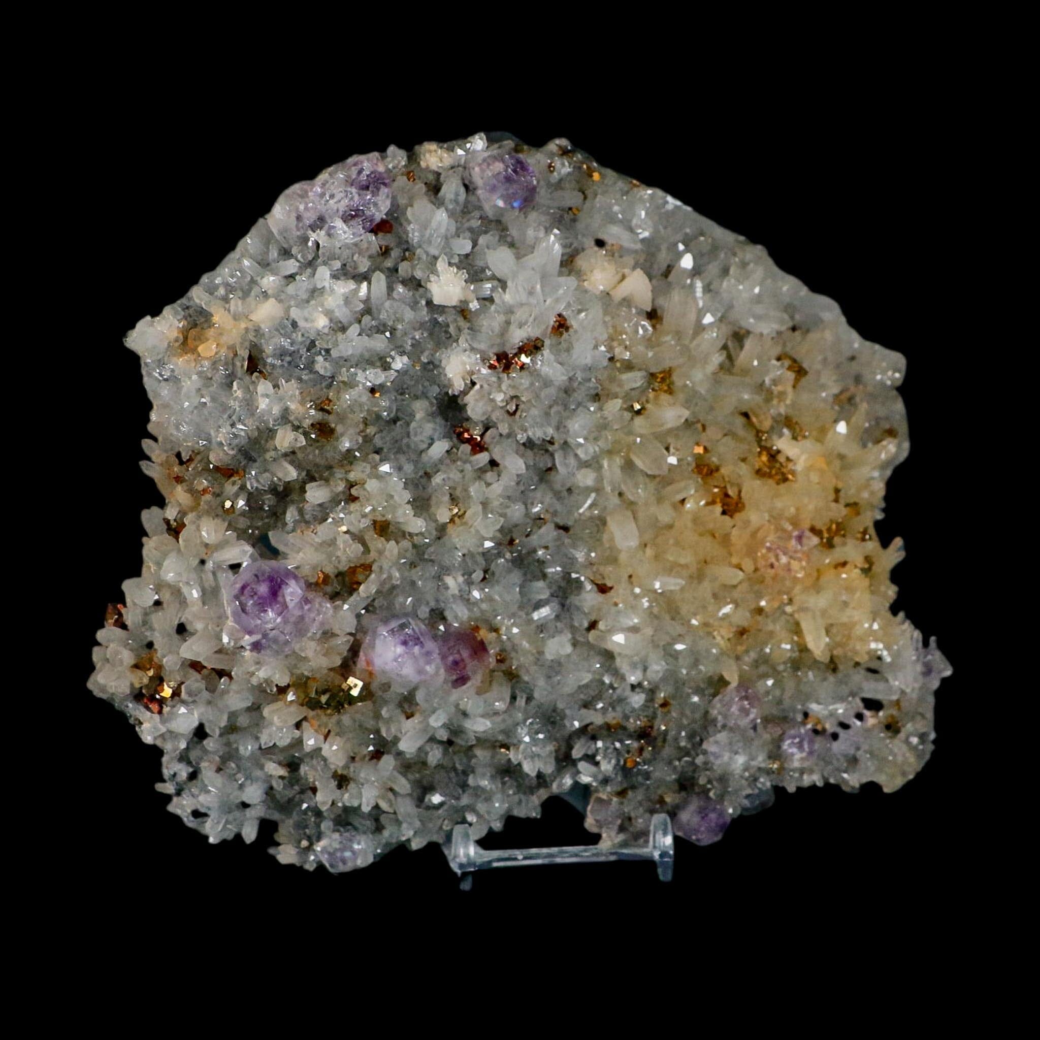7" Crystal Quartz, Purple Amethyst And Pyrite Crystal Cluster Mineral Specimen Stand