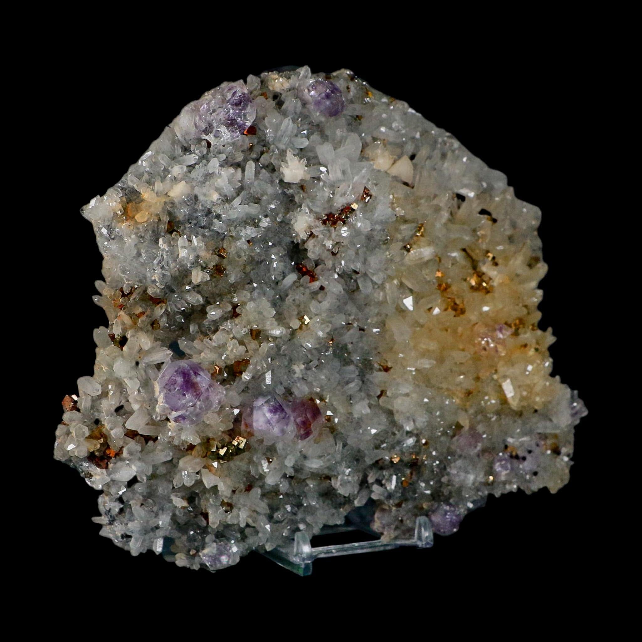 7" Crystal Quartz, Purple Amethyst And Pyrite Crystal Cluster Mineral Specimen Stand