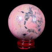 XL 50MM Natural Rhodonite Mineral Crystal Sphere Ball Peru Rosewood Stand