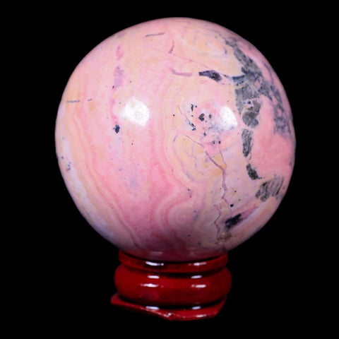 XL 50MM Natural Rhodonite Mineral Crystal Sphere Ball Peru Rosewood Stand - Fossil Age Minerals