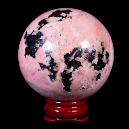 XL 51MM Natural Rhodonite Mineral Crystal Sphere Ball Peru Rosewood Stand