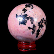 XL 51MM Natural Rhodonite Mineral Crystal Sphere Ball Peru Rosewood Stand